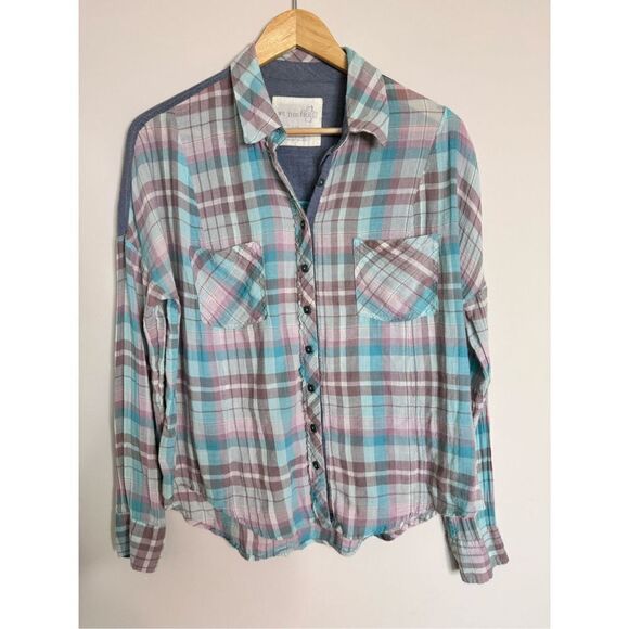 We The Free Womens Button Up Shirt Blue Plaid Long Sleeve Collar Stretch SP - Picture 1 of 7